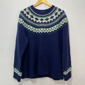 LL Bean Classic Ragg Wool Crewneck Sweater Blue Green White Fair Isle Women's XL